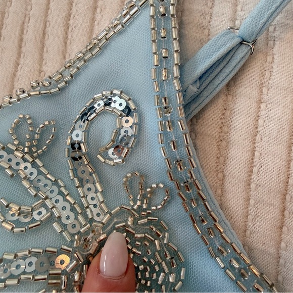 Jump Apparel NWT Beaded V-Neck Bodice Ruffle Tulle Gown Light Blue Size 1/2 New - Picture 10 of 15